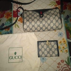 Vintage 1980s Gucci Navy GG Shoulder Bag and Wallet with Clasp, Dust Bag